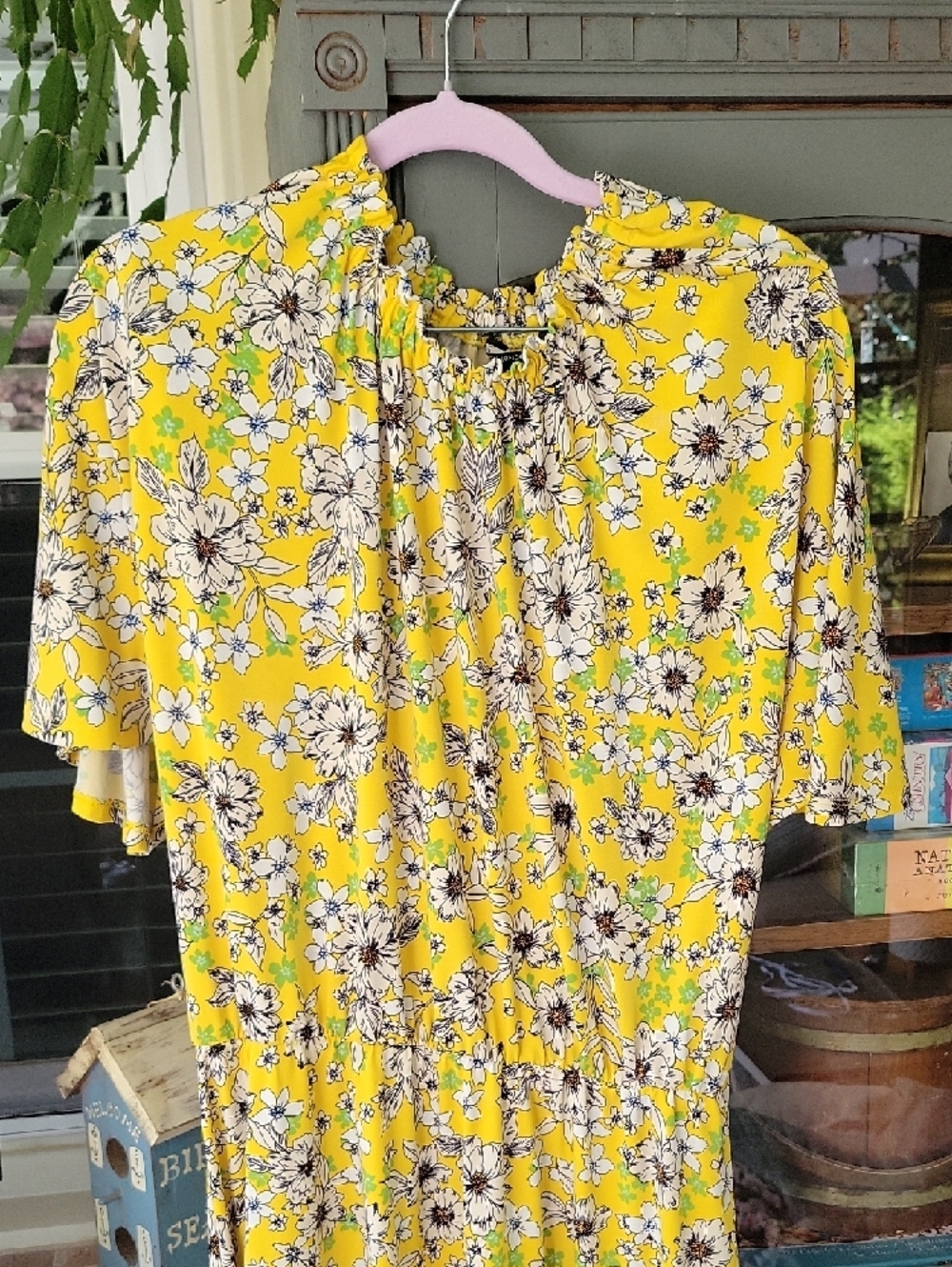Maggy London Yellow Floral Smocked Mock Neck Midi Dress Sz 14 - Picture 11 of 11